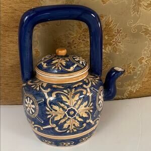 ANTIQUE CHINESE YELLOW COBALT BLUE‎ CERAMIC POTTERY TALL HANDLE TEA POT